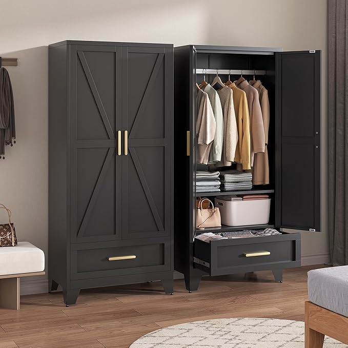 71" Tall Metal Wardrobe Cabinet with Drawer and Hanging Rod, 2 Doors Armoire Wardrobe Closet with Shelf for Bedroom, Office, Laundry Room, Black