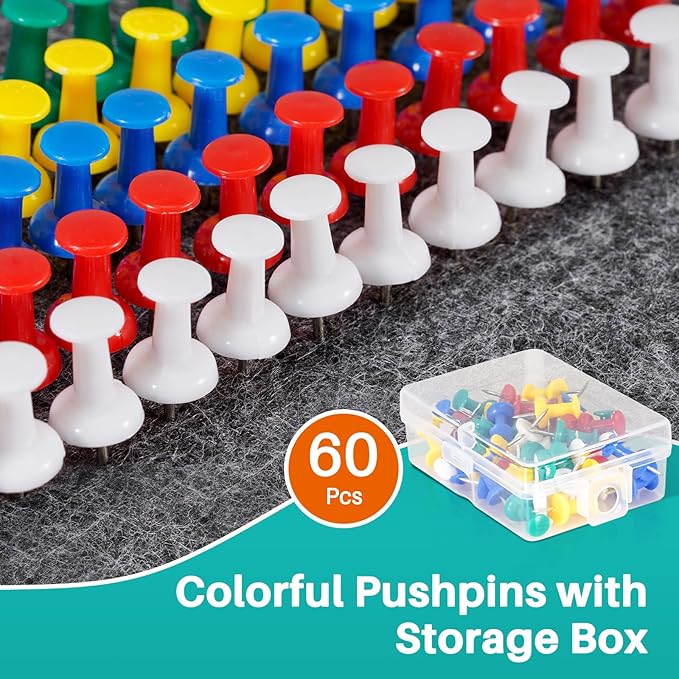 60Pcs Push Pins for Bulletin Board, Thumb Tacks for Cork Board, Colorful Plastic Head, Steel Tip, Thumbtacks for Wall Poster Photo Maps Pictures Office Home Decor