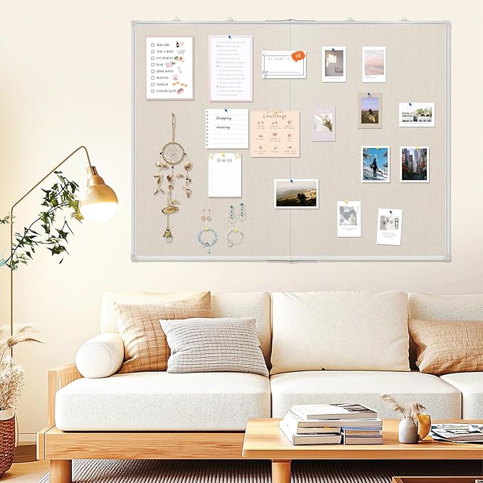 Double-Sided Large Cork Board with Linen, 60" x 40" Foldable Hanging Aluminum Framed Bulletin Board, Vision Board Pin Board Corkboards for Walls, Office, School Decor, 20 Pushpins