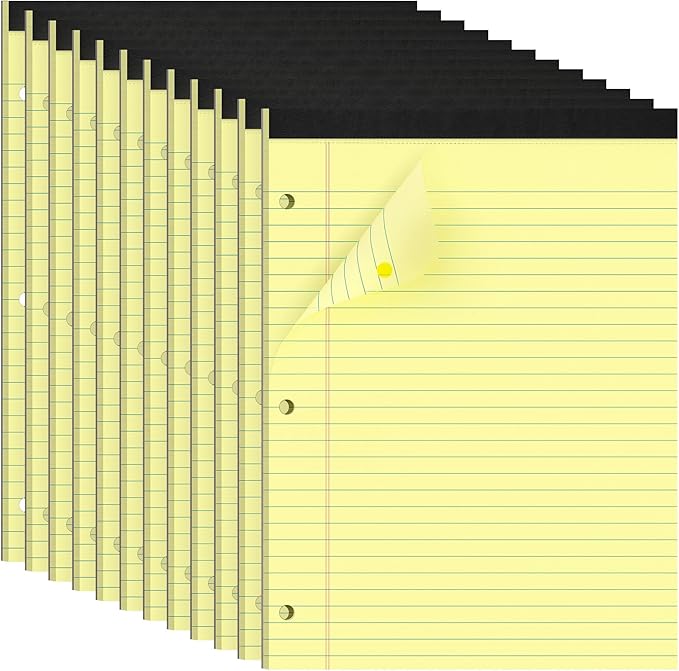HAUTOCO 8.5 x 11 Legal Pads 12 Pack Yellow Wide Ruled Lined Writing Note Pads Perforated Notepad, 30 Sheets Per Notepad, 3-Hole Punched Paper for School, Office