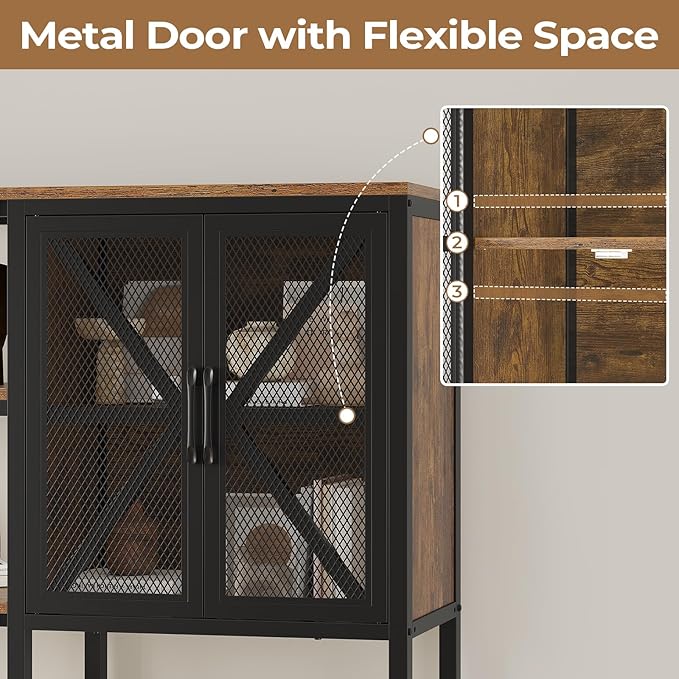 Corner Bookshelf, 6 Tier Industrial Convertible Bookshelf with 6 Fabric Drawers, Corner Bookcase Large L Shaped Storage Display Shelf for Home Office, Living Room, Kitchen, Rustic Brown