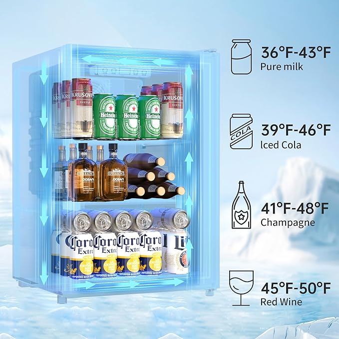 Beverage Refrigerator and Cooler, Freestanding Drink Dispenser for Soda Beer or Wine,90 Can Mini Fridge with Glass Door,Digital Temperature Control,Home, Bar, Office (Silver, 2.48 Cu.Ft)