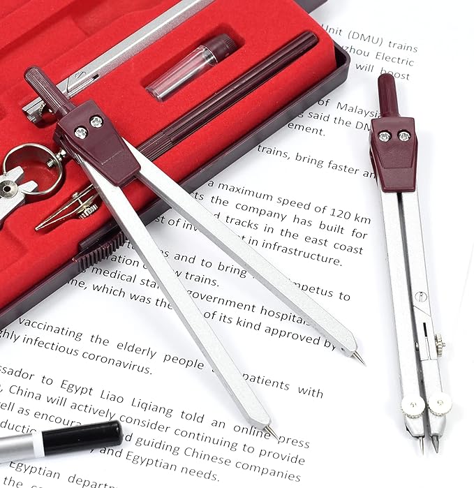 Drawing 9Pc Geometry Set Metal Compass, Geometry Precision Tool for Student, Circle Drawing Tool and Architecture, Drafting Kits for Engineer with Shatterproof Storage Box (Red)