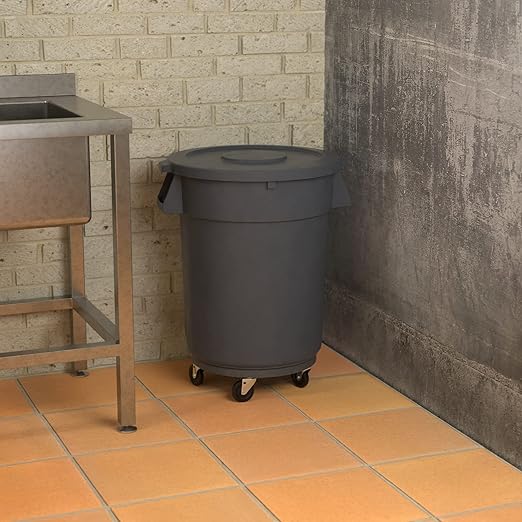 32 Gallon Gray Round Commercial Trash Can with Lid and Dolly