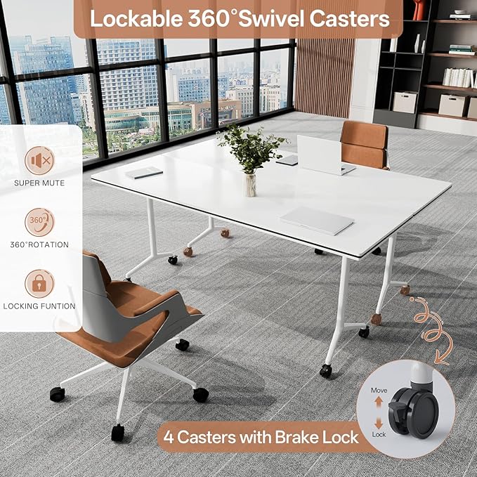 Conference Table, Folding Conference Tables for 2-20 People, Modern Conference Room Table with Wheels, Super Sturdy Large Rectangle Mobile Meeting Seminar Tables for Office (2PCS 61.0in)