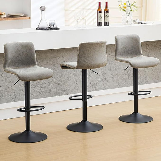 HeuGah Bar Stools Set of 3, Swivel Counter Height Barstools with Back, Adjustable Height 24" to 32", Gray Faux Leather Bar Chairs for Kitchen Island (Gray, Set of 3 (24'' to 32''))