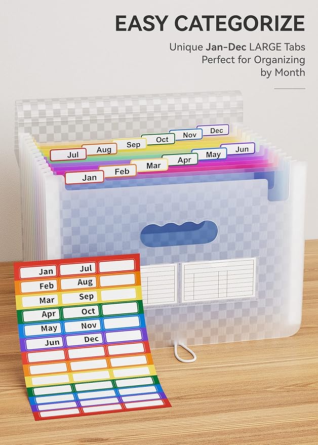 ABC life 12 Pockets Accordion File Organizer Expanding File Folders, Portable Monthly Bill Receipt Document Organizer, Expandable Accordian Filing Folder Letter A4 Size, Colored Tabs (Blue)