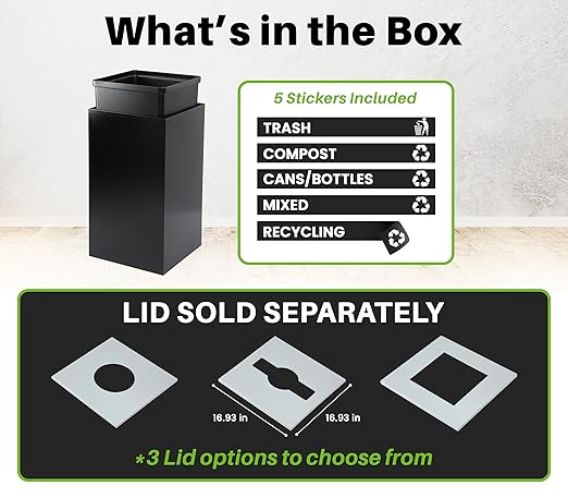 Alpine Commercial Indoor Recycle Bin - 29 Gallon Modern Looking Black Recycle Bin, Office Recycling Bins, Metal Trash and Recycling Container with Stickers & 3 Optional Lids (lid Sold Separately)