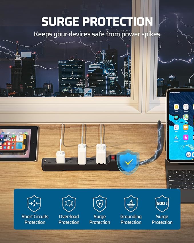 DEWENWILS 6-Outlet Power Strip Surge Protector, 15FT Long Extension Cord, Low Profile Flat Plug, 15 Amp Circuit Breaker, 500 Joules, Wall Mount, Black, UL Listed