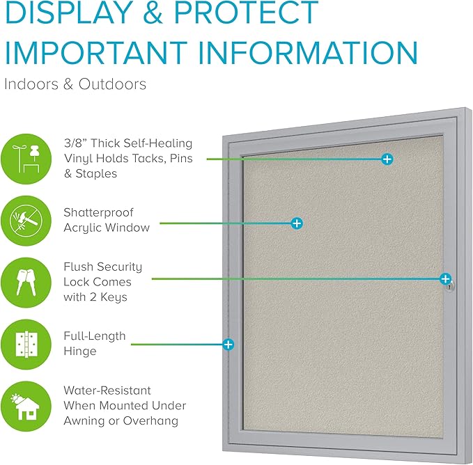 Ghent 24"x18" 1-Door Outdoor Enclosed Vinyl Bulletin Board, Shatter Resistant, with Lock, Satin Aluminum Frame - Ivory (PA12418VX-185), Made in the USA