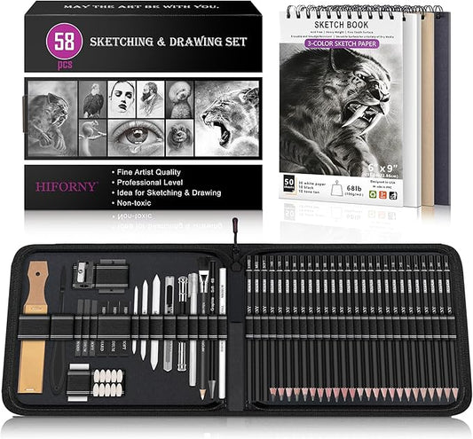 HIFORNY 58 PCS Drawing Kit Sketching Pencil Set,Sketch Pencils Art Supplies with 3-Color Sketchbook,Graphite,Charcoal,Blending Tools,Drawing Pencils for Adults Artists