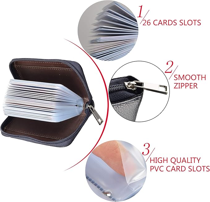 Easyoulife Genuine Leather Credit Card Holder Zipper Wallet With 26 Card Slots