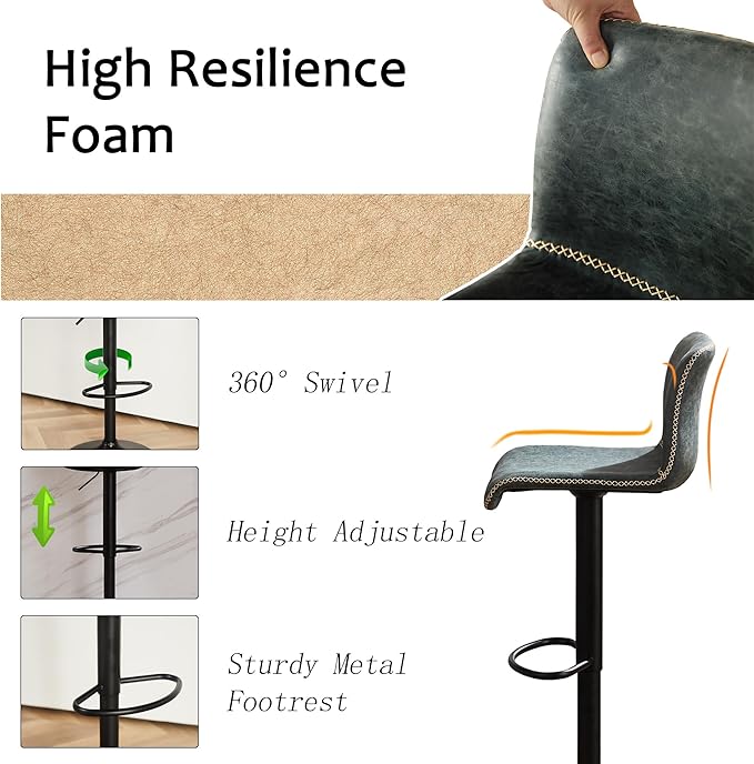 HeuGah Bar Stools Set of 3, Swivel Counter Height Barstools with Back, Adjustable Height 24" to 32", Faux Leather Bar Chairs for Kitchen Island (Deep Teal, Set of 3 (24'' to 32''))