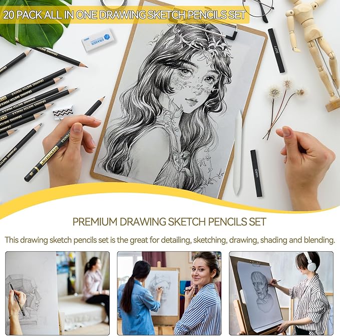 Drawing Sketching Pencil Set, 20 Pieces, Graphite Pencils (14B-4H), Charcoal Sticks, Stump, Eraser, Sharpeners, Ideal for Drawing Art, Sketching, Artist Pencils for Beginners & Pro Artists