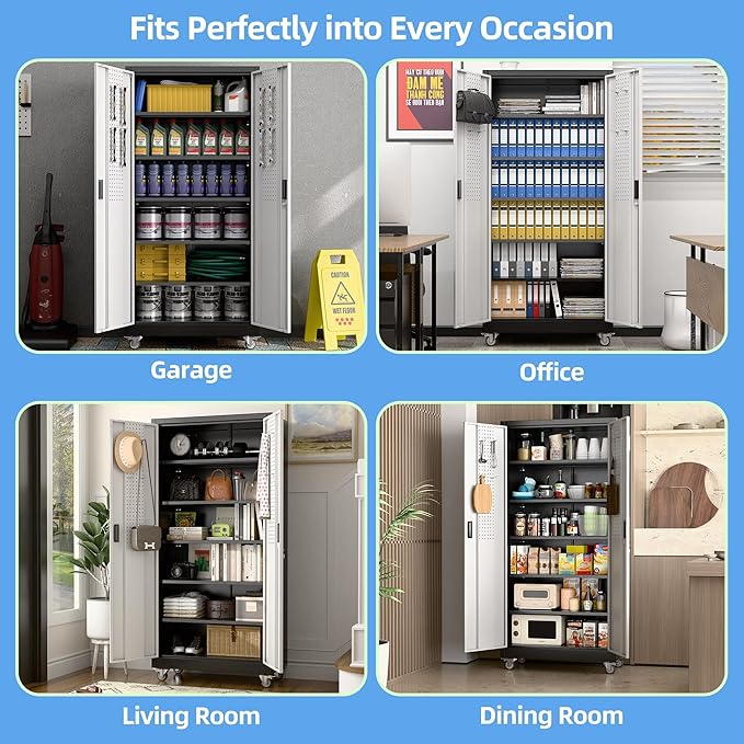 Aobabo Upgraded Garage Storage Cabinets with Wheels,Metal Storage Cabinets with 5 Adjustable Shelves for Garage Home Office Storage, Black&Silver,71''H*32''W*16''D,Assembly Required