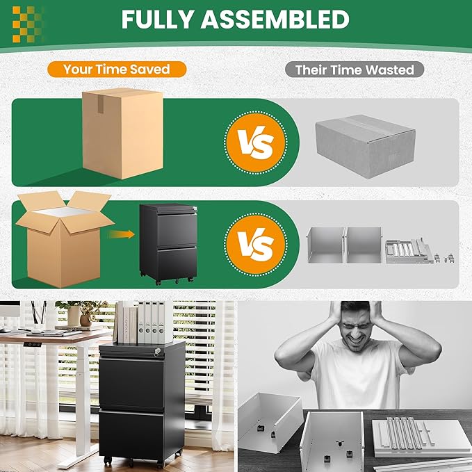 2 Drawer Locking Under Desk Metal Storage Cabinet on Wheels for Legal/Letter/A4 Files (Fully Assembled, Black)