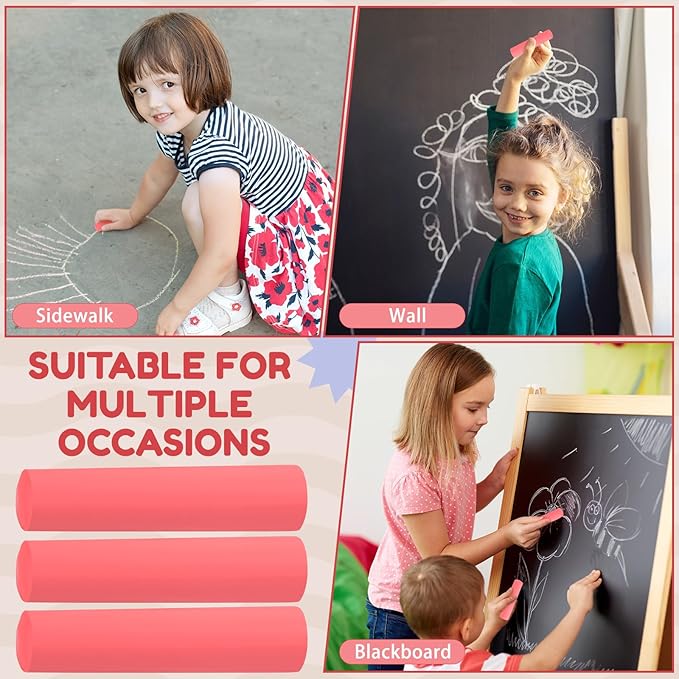 Fulmoon 40 Pcs Jumbo Sidewalk Chalk for Kids Outdoor Art Non Toxic Large Washable Street Chalk for Adults Drawing Painting Classroom(Red,Round Style)