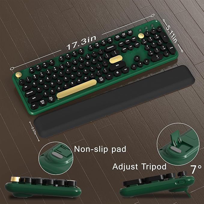 Colorful Wireless Computer Keyboard and Mouse Combo with Round Typewriter Keycaps, Retro Design, Power Switch, Ergonomic Design, 2.4GHz Wireless for Windows, Mac, PC(Dark Green)