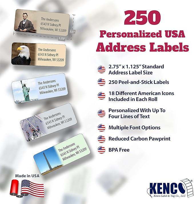 Customized Personalized Address Labels - Made in The USA by Kenco (250 Labels, All American)