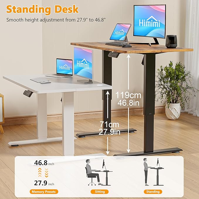 Himimi Electric Standing Desk 48 x 24 inch for Home Office,Sit-Stand Adjustable Desk with Memory Presets,Height Adjustable Desk for Gaming/Working,Free Hook, Lockable Wheels,Brown