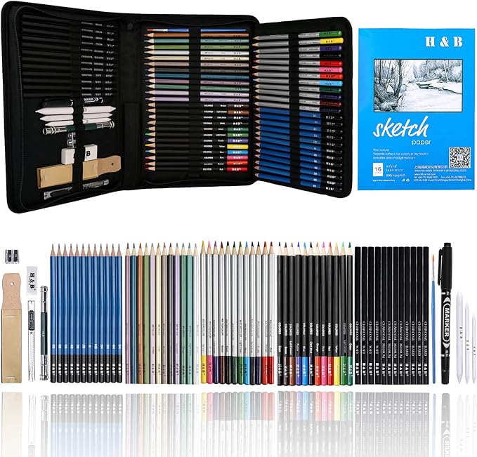 72Pcs Drawing Sketching Kit Set, Pro Art Supplies with Sketchbook, Watercolor, Graphite, Colored, Metallic, Charcoal Pencil, Drawing Set in Zipper Carry Case for Adults Teens Beginner
