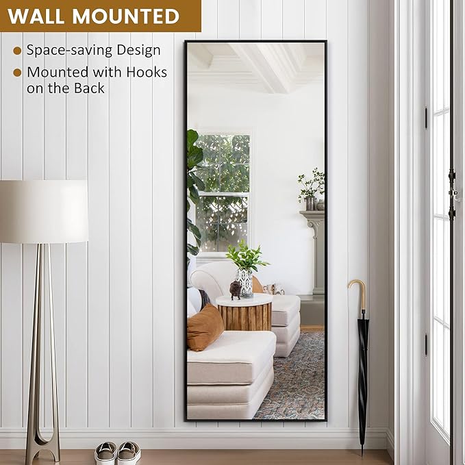 Arched Full Length Mirror, 57" x 20" Floor Mirror with Stand – Shatterproof Tempered Glass, Modern Aluminum Frame, Multi-Mount for Bedroom, Living Room, Gym, Black