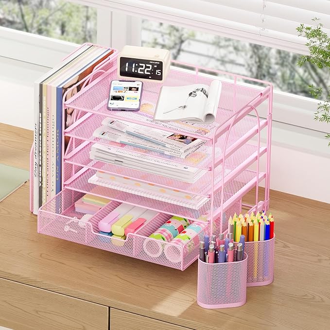 Desk Organizers and Accessories, 5-Tier Paper File Organizer with Drawer & Pen Holder, Office Desk Accessories Workspace Desktop Organizer for Office Supplies((Pink)