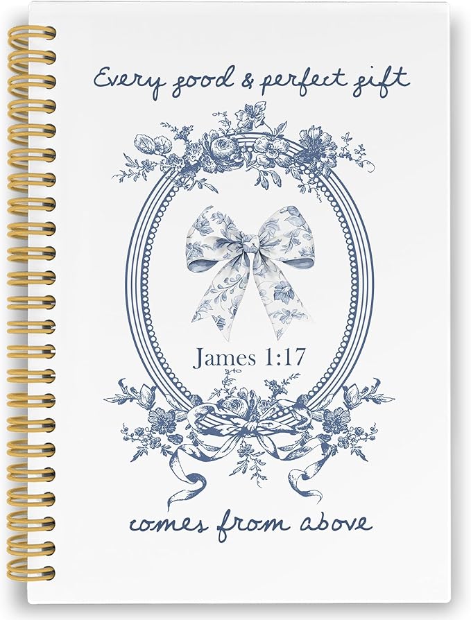 Chinoiserie Bow Christian Spiral Notebook, Vintage Blue and White Porcelain Floral Bible Journaling Notebooks for School, Preppy Girly Hardcover Journals for Women, 160 Pages 5.5 x 8.3 Inch