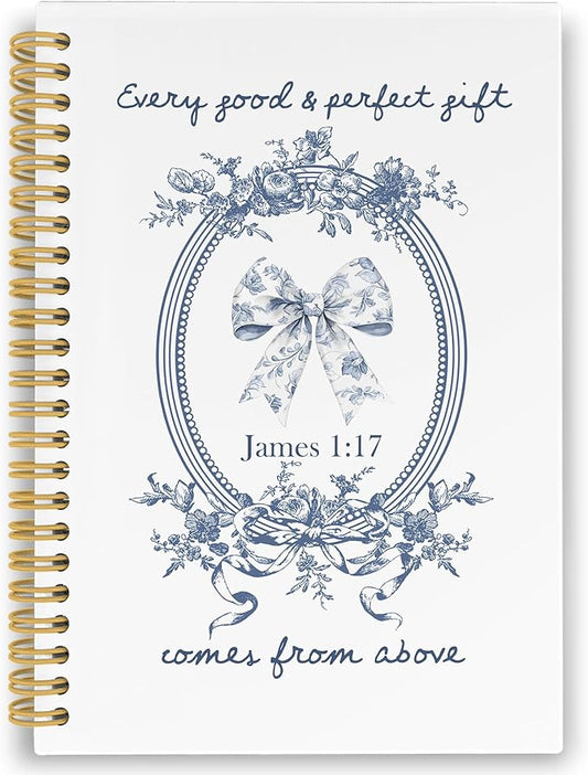 Chinoiserie Bow Christian Spiral Notebook, Vintage Blue and White Porcelain Floral Bible Journaling Notebooks for School, Preppy Girly Hardcover Journals for Women, 160 Pages 5.5 x 8.3 Inch