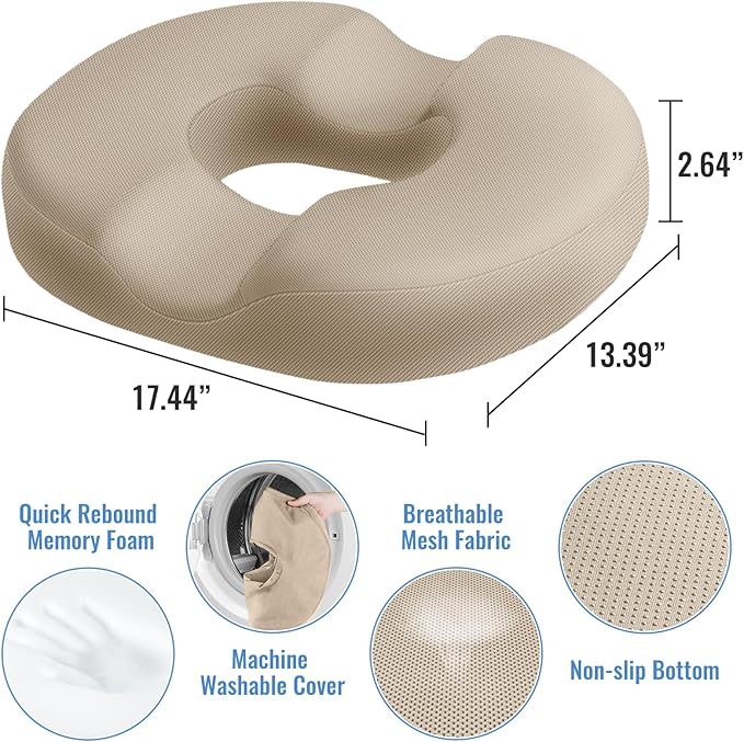 CloudBliss Donut Pillow Seat Cushion Chair Pad for Tailbone Pain Relief and Hemorrhoids, Memory Foam Seat Chair Cushion for Men and Women for Home & Office, (Khaki)