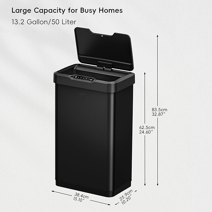 EKO Mirage-T 50 Liter / 13.2 Gallon Touchless Rectangular Motion Sensor Trash Can, Brushed Stainless Steel Finish (Matte Black)
