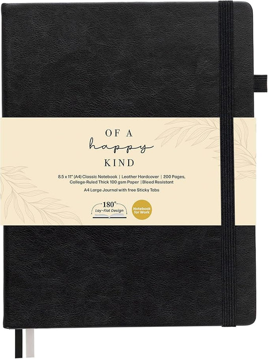 Classic Lined Journal Notebook 8.5x11" A4 Hardcover Leather - Black - 200 Pages College Ruled Large with Sticky Tabs, Pockets, and Pen Loop for Writing and Journaling - Big Hardback Men and Women