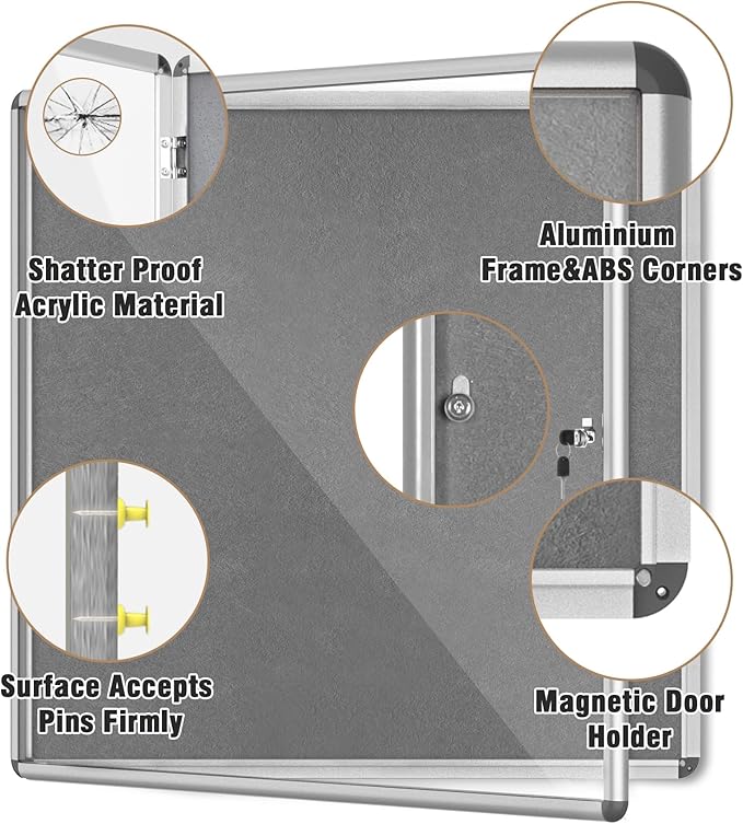 38"x38" Enclosed Bulletin Board, Lockable Weather-Resistant Aluminum Cork Noticeboard for School & Office, Silver Frame w/Grey Flet