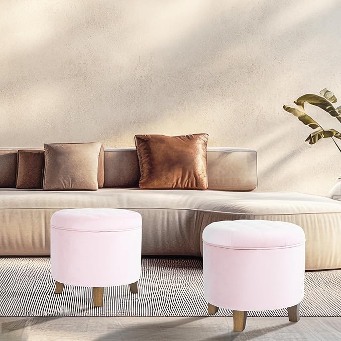 HomePop by Kinfine Fabric Upholstered Round Storage Ottoman - Velvet Button Tufted Ottoman with Removable Lid, Pink, Small