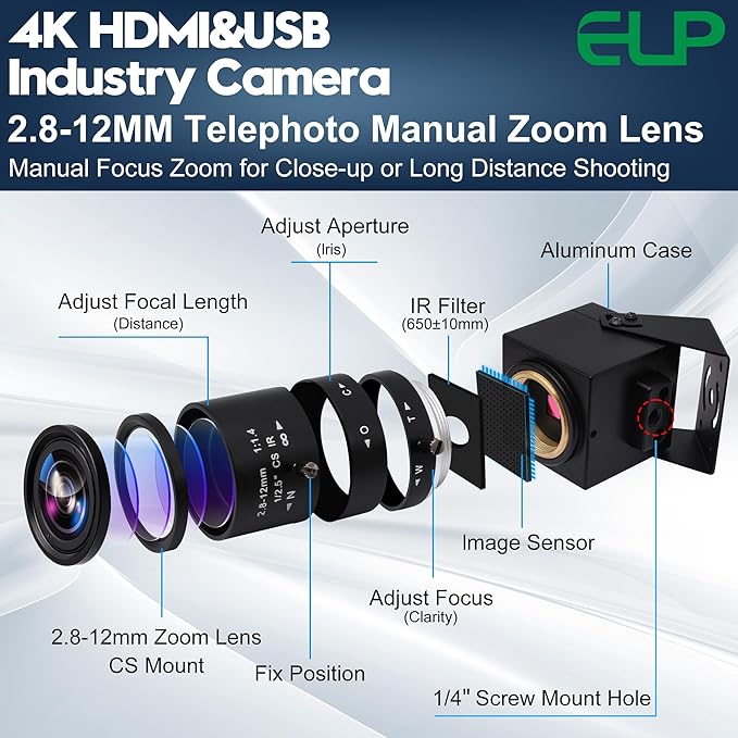 ELP 4K USB HDMI Camera Manual Zoom Webcam - Variable Focus H.264 Telescope USB Security Mini Close-up for Computer - 8mp IMX415 Industrial CCTV (2.8-12mm 4X Zoom Lens)