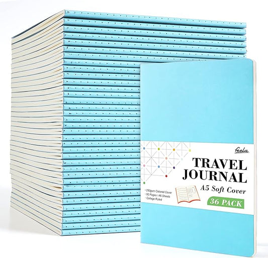 36 Pack Soft Cover Journal Bulk, Feela Lined Blank Travel Journal for Women Men Writing, Notebooks College Ruled for Work, Note Taking Notebook School Business Supplies, 8.2” x 5.5”, A5, Light Blue