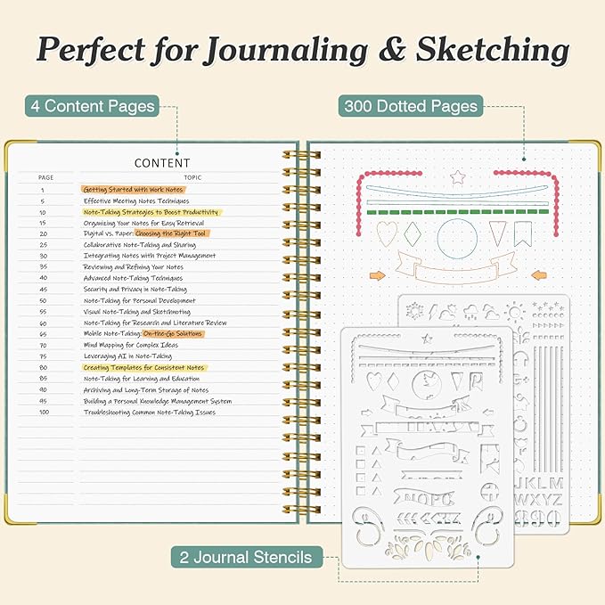 Bullet Dotted Journal Spiral Notebook, 300 Pages Leather Notebooks with Contens, 120 GSM Thick No Bleed Through Paper Journals, A5 Dot Grid Notebook for Women Men School Work Writing, 5.5" x 8", Black