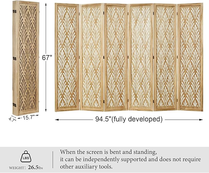 5.6Ft Room Divider Folding Wood Simple Carved Partition Screen for Home Office Garden - 6 Panels (Natural)