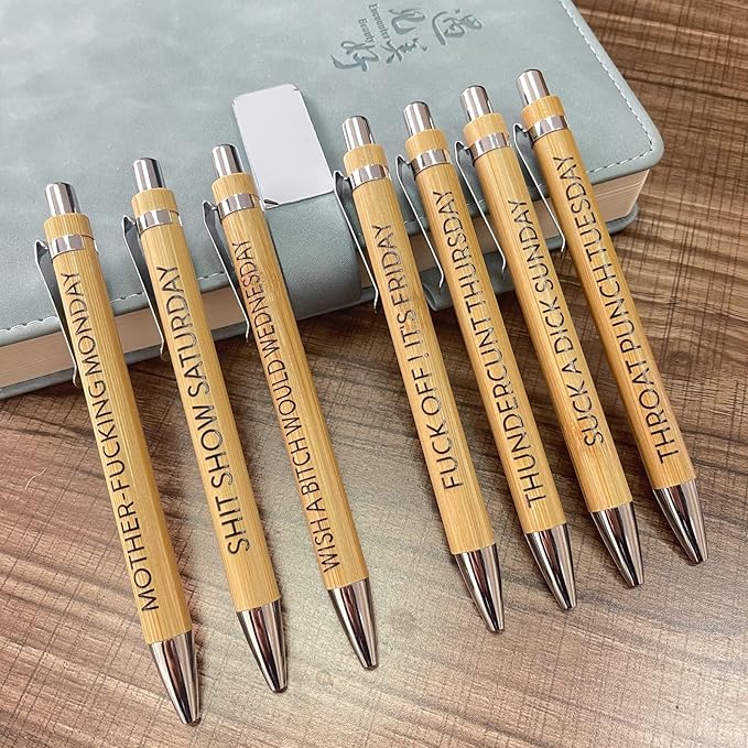 14-Piece Funny Bamboo Pen Set for Sarcastic Souls, Unique Days of The Week Mood Ballpoint Pens with Engraved Humorous Quotes, Excellent Gift for Office, Friends, and Coworkers