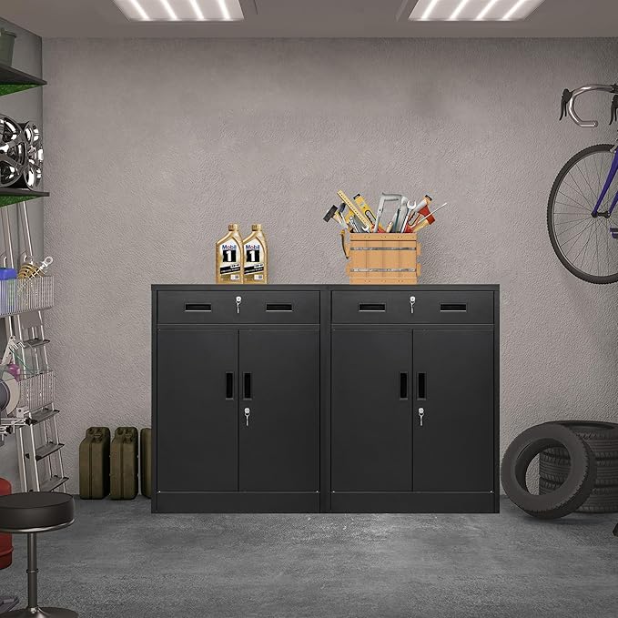 BESFUR Locking Storage Cabinet, Metal Cabinet with Oversized Drawer, Office Storage for Home, Garage, School - Black
