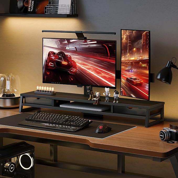 Fenge Dual Monitor Stand, Monitor Riser with Drawer, 42.5 Inch Large Computer Monitor Stand for 2 Monitors, 2 Tier Wooden Desk Shelf for Top of Desk