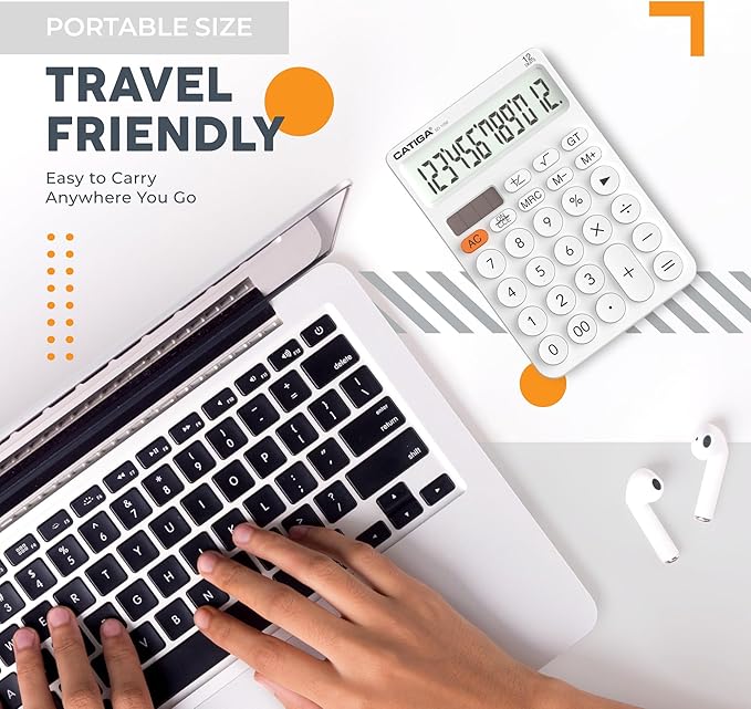 CATIGA 12 Digit Desktop Calculator Basic Desk Calculator with Large LCD Display, Big Buttons, 4 Function, Solar and Battery Dual Power, for Office, School, Home, SD-1292 White