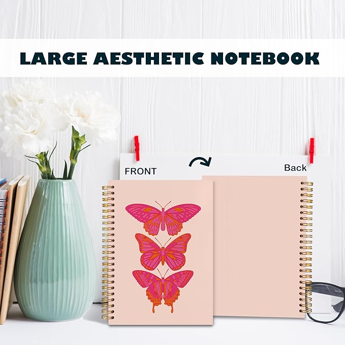 BearCake Hot Pink Preppy Butterfly Journal Notebook, Aesthetic Notebooks, Butterfly Gifts for Women, Pink Office Supplies, Pink Desk Accessories for Women Office, Hardcover Spiral Notebook 5.5x8.3