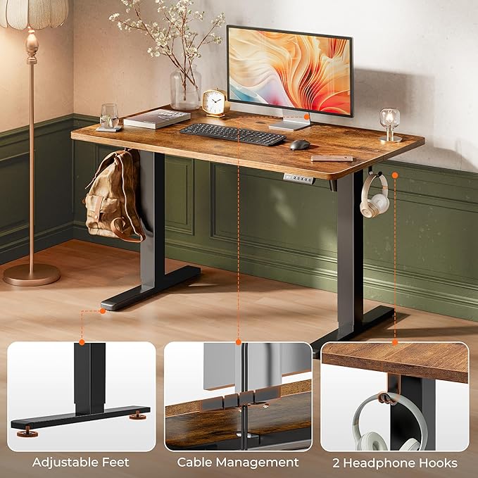 Huuger 48 x 28 Large Electric Standing Desk, Height Adjustable Desk, 27.6" Deep Desktop, Stand up Gaming, 2 Hooks, 3 Preset Heights, for Home Office, Rustic Brown