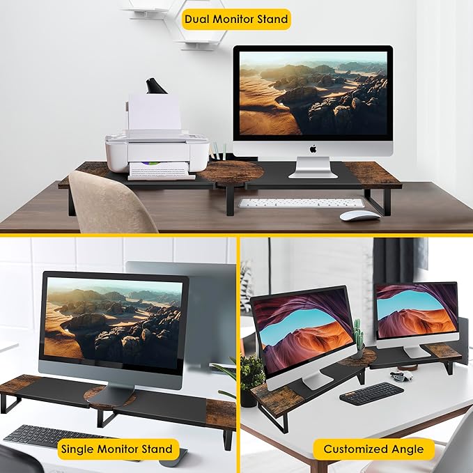 Dual Monitor Riser Stand For Desk, Adjustable Computer Monitor Stand For 2 Monitors, Shelf Riser For Desktop Organizer, For TV Laptop Printer