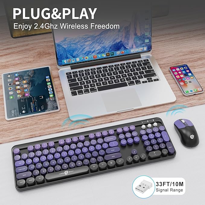 FOPETT Wireless Keyboard and Mouse Combo - 2.4G Full-Sized Cute Colorful Mouse and Keyboard with 104 Round Keys Retro Typewriter Keyboard for Laptop/Windows/PC - Purple Gradient