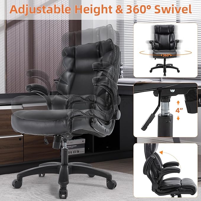 Big and Tall Office Chair 500lbs Wide Seat Executive Office Desk Chair High-Back Office Task Chair with Flip-Up Armrest, Ergonomic Lumbar Support Computer Office Chairs for Heavy People(Black)