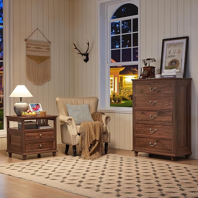 Farmhouse 5 Drawer Dresser for Bedroom, 45" Tall Rustic Chests of Drawers w/ 4 Solid Wood Feet, Mid Century Modern Wooden Closet Storage Dressers Organizer for Living Room, Hallway, Brown