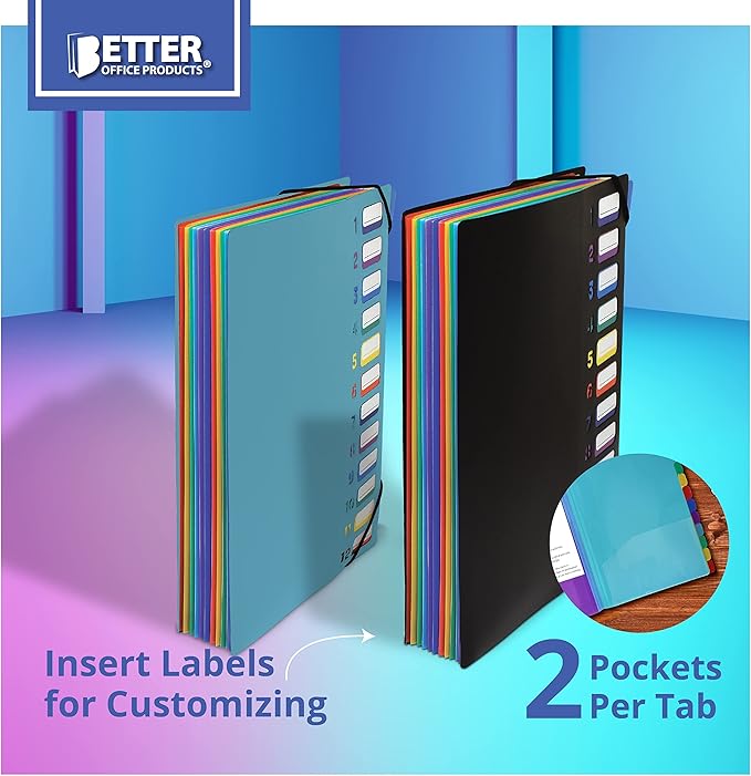 Better Office Products 24 Clear Pocket Expanding File Folder with 12 Colored Tabs, Letter Size, Holds 300 Sheets, Project File Organizer, Numbered Index on Cover,(2 Pack Black & Blue)