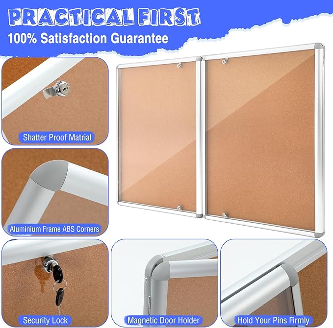 2 Pack Enclosed Bulletin Board 48"x36" Weather Resistant Lockable Enclosed Notice Cork Case Display Board Wall Mounted 2 Locking Door Aluminum Frame for Back to School Classroom, 12xA4(Brown)
